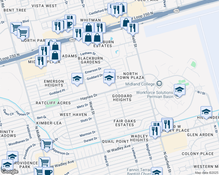 map of restaurants, bars, coffee shops, grocery stores, and more near 2500 Haynes Avenue in Midland