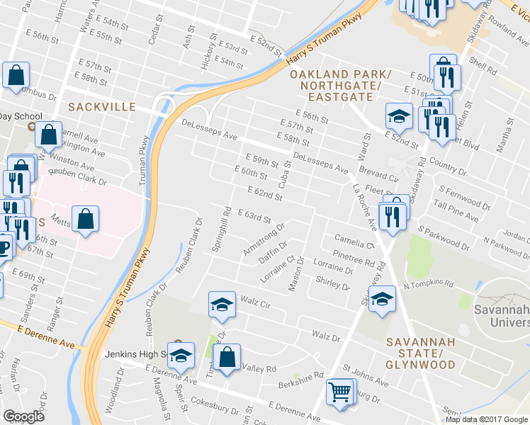 map of restaurants, bars, coffee shops, grocery stores, and more near 1914 East 63rd Street in Savannah