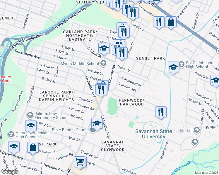 map of restaurants, bars, coffee shops, grocery stores, and more near 3807 Skidaway Road in Savannah