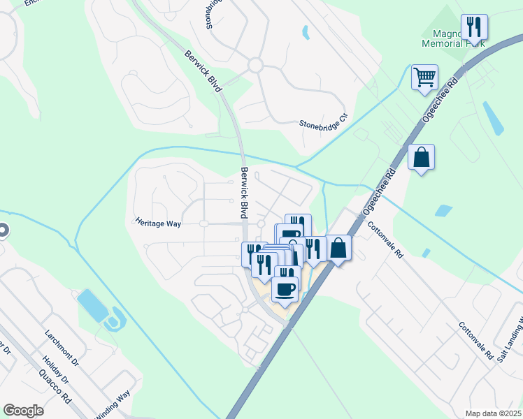 map of restaurants, bars, coffee shops, grocery stores, and more near 11 Copper Court in Savannah