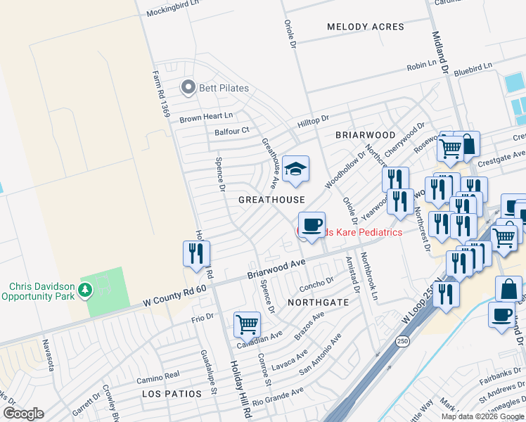 map of restaurants, bars, coffee shops, grocery stores, and more near 5204 Quicksand Drive in Midland