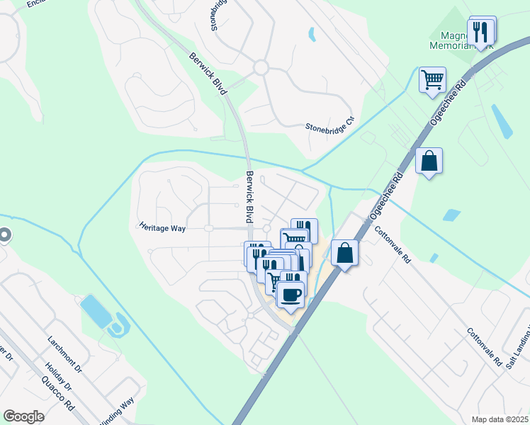 map of restaurants, bars, coffee shops, grocery stores, and more near 11 Copper Court in Savannah
