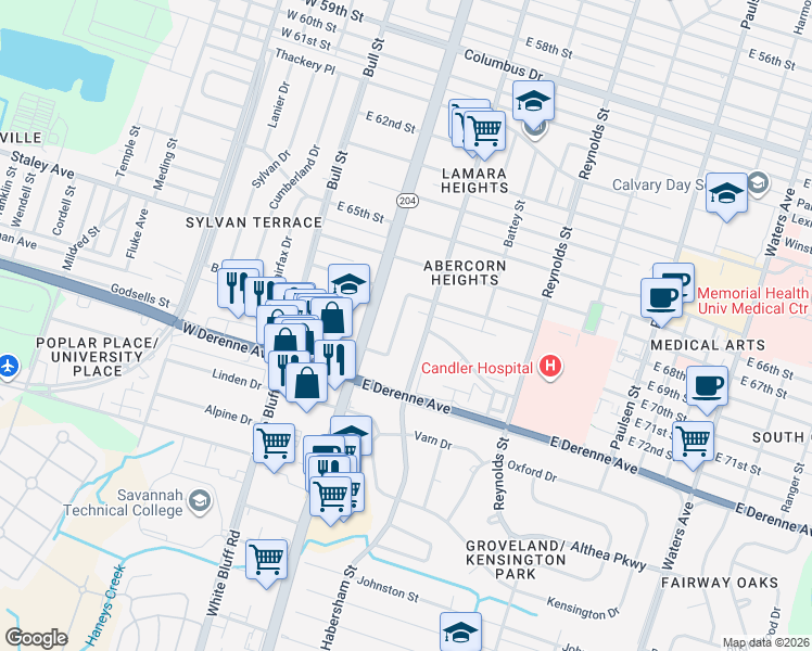 map of restaurants, bars, coffee shops, grocery stores, and more near 115 Brandywine Road in Savannah
