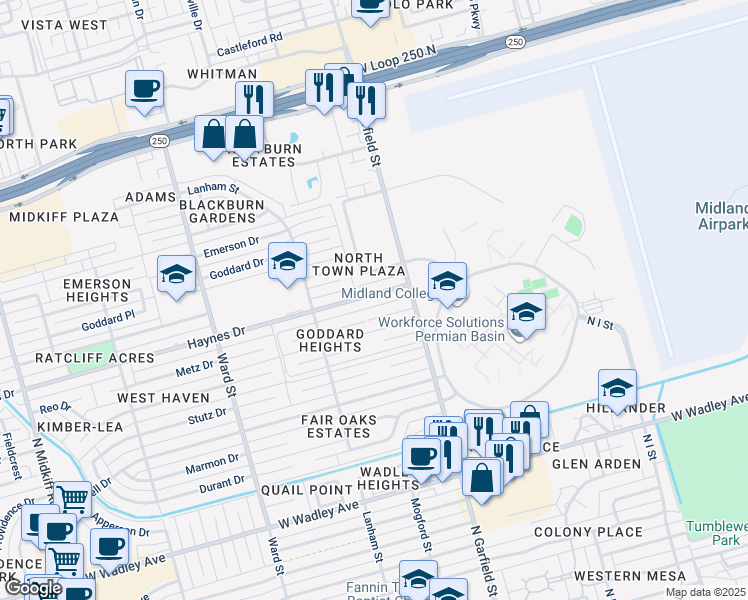 map of restaurants, bars, coffee shops, grocery stores, and more near 2400 Metz Place in Midland