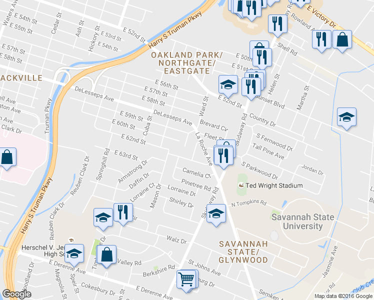 map of restaurants, bars, coffee shops, grocery stores, and more near 2318 Wilemere Drive in Savannah