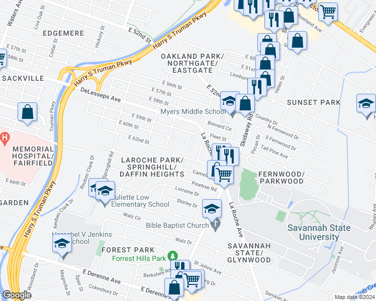 map of restaurants, bars, coffee shops, grocery stores, and more near 4423 Caroline Drive in Savannah
