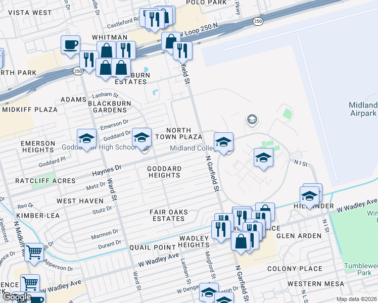 map of restaurants, bars, coffee shops, grocery stores, and more near 2309 Haynes Drive in Midland