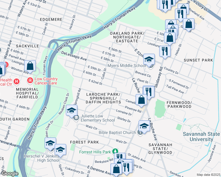 map of restaurants, bars, coffee shops, grocery stores, and more near 2251 East 62nd Street in Savannah