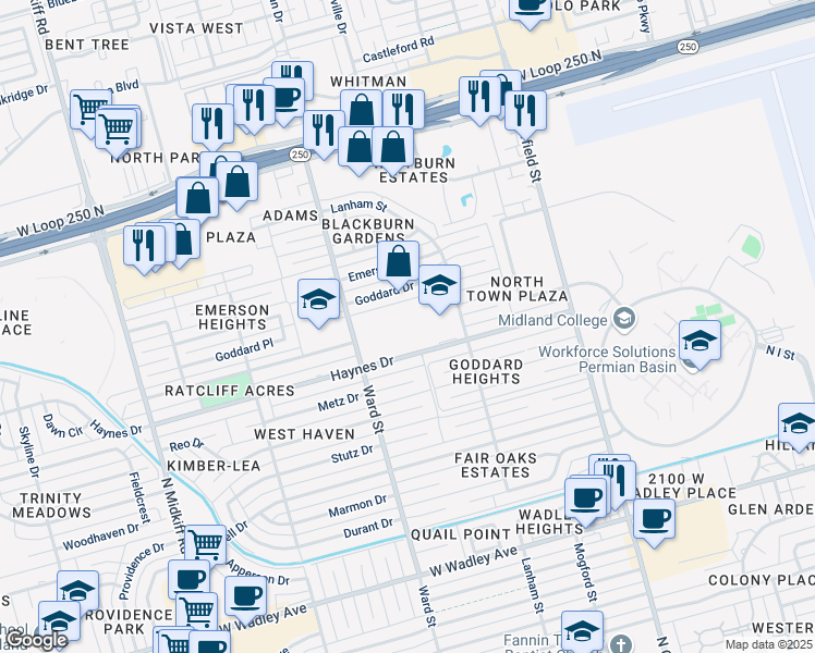 map of restaurants, bars, coffee shops, grocery stores, and more near 2500 Haynes Drive in Midland