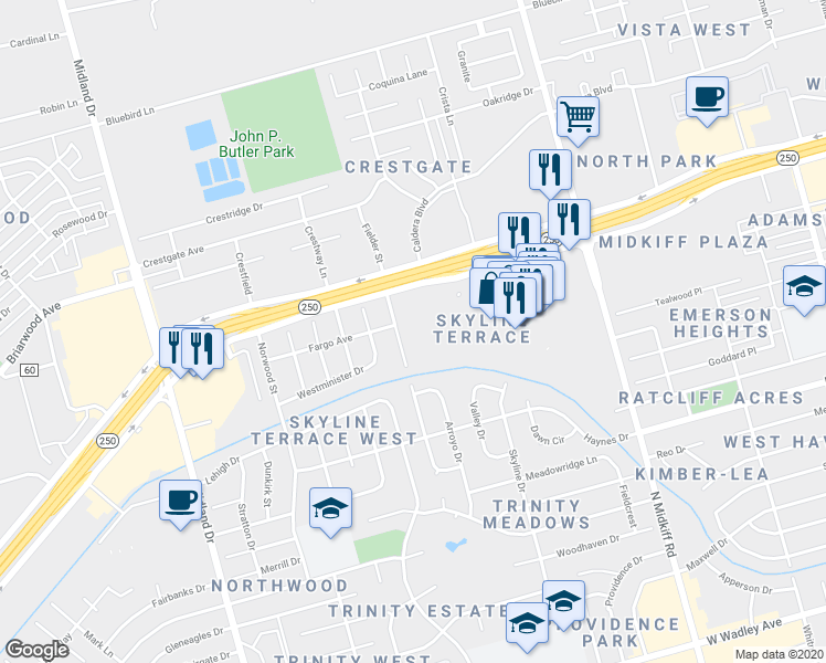 map of restaurants, bars, coffee shops, grocery stores, and more near 4717 Boulder Drive in Midland