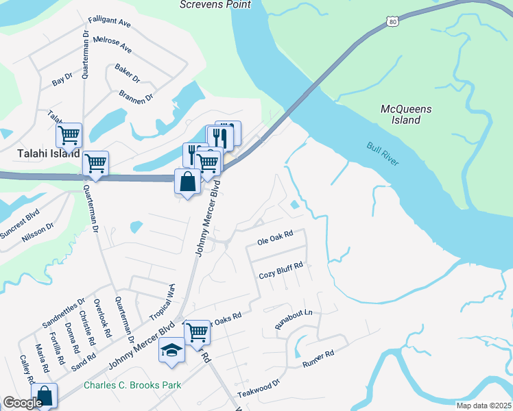 map of restaurants, bars, coffee shops, grocery stores, and more near 12 River Pointe Court in Savannah