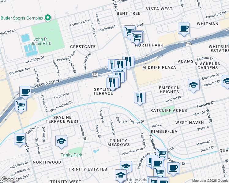 map of restaurants, bars, coffee shops, grocery stores, and more near 4511 North Midkiff Road in Midland