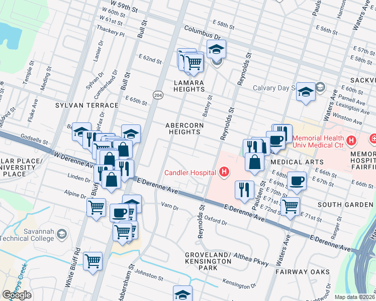 map of restaurants, bars, coffee shops, grocery stores, and more near 5200 Habersham Street in Savannah