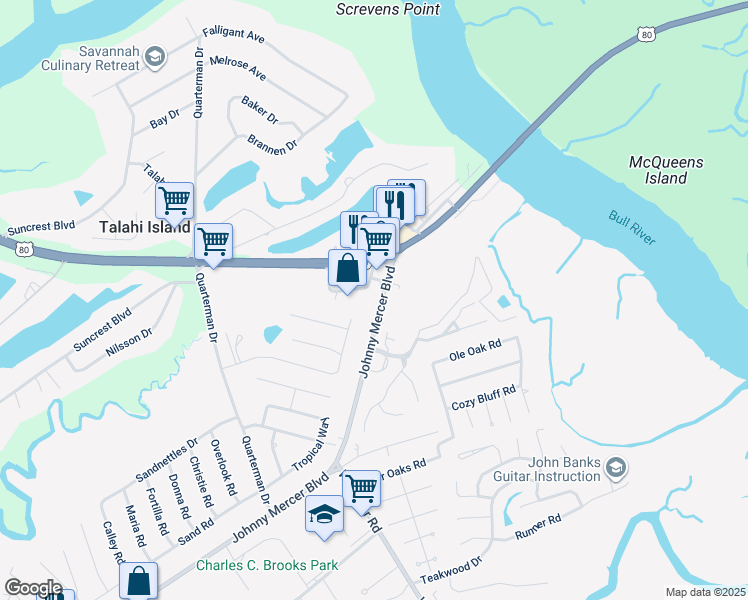 map of restaurants, bars, coffee shops, grocery stores, and more near 7712 Johnny Mercer Boulevard in Savannah
