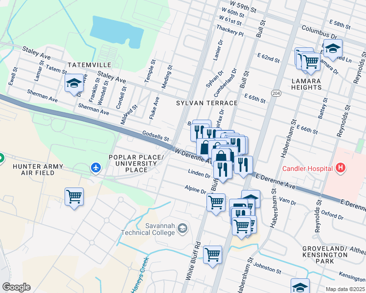 map of restaurants, bars, coffee shops, grocery stores, and more near 89 Georgia 21 in Savannah