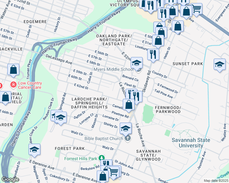 map of restaurants, bars, coffee shops, grocery stores, and more near 2318 Wilemere Drive in Savannah