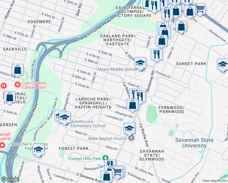 map of restaurants, bars, coffee shops, grocery stores, and more near 2318 Wilemere Drive in Savannah