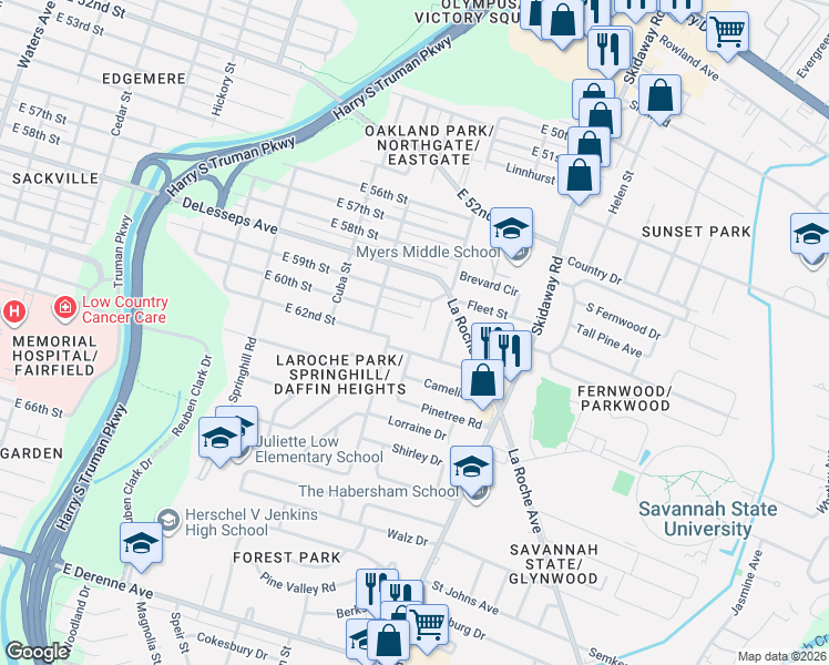 map of restaurants, bars, coffee shops, grocery stores, and more near 2318 Wilemere Drive in Savannah