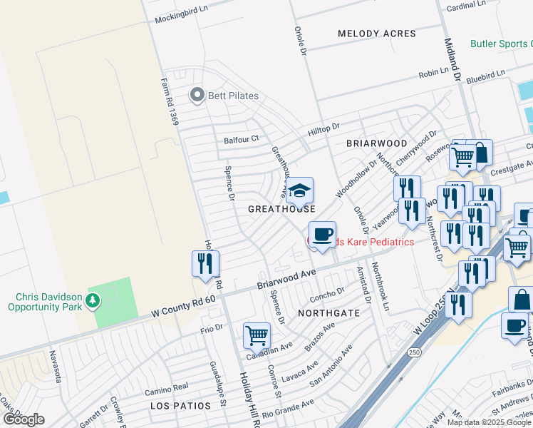 map of restaurants, bars, coffee shops, grocery stores, and more near 5210 Greathouse Avenue in Midland