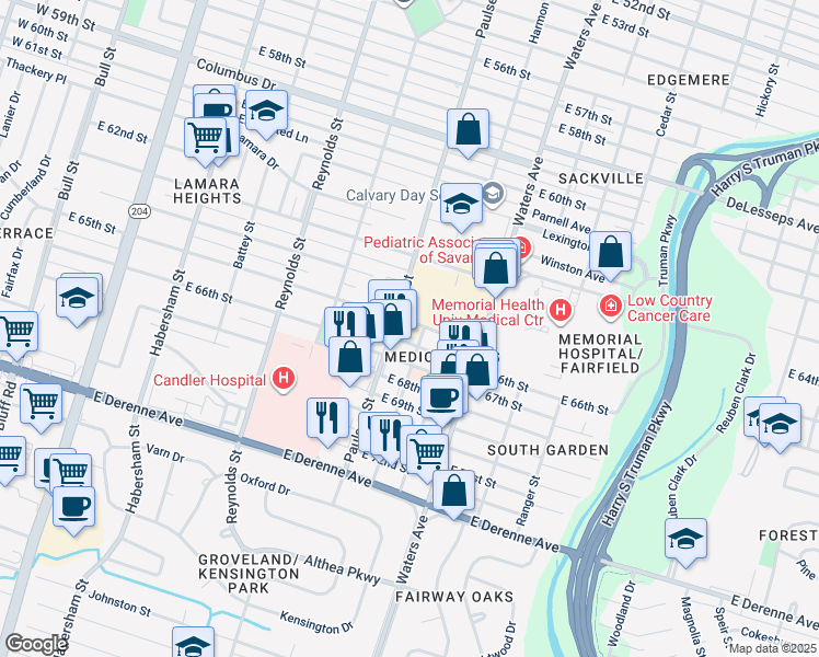 map of restaurants, bars, coffee shops, grocery stores, and more near 836 East 65th Street in Savannah
