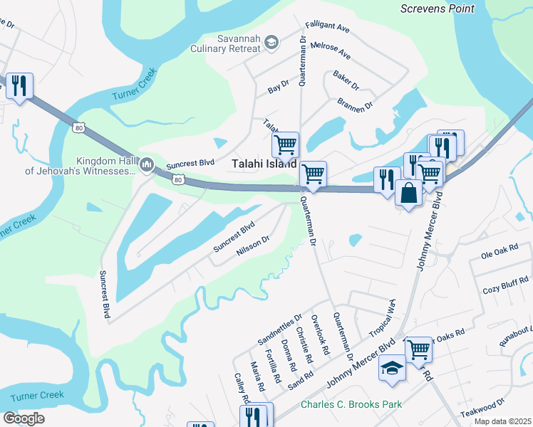 map of restaurants, bars, coffee shops, grocery stores, and more near 48 Suncrest Boulevard in Savannah
