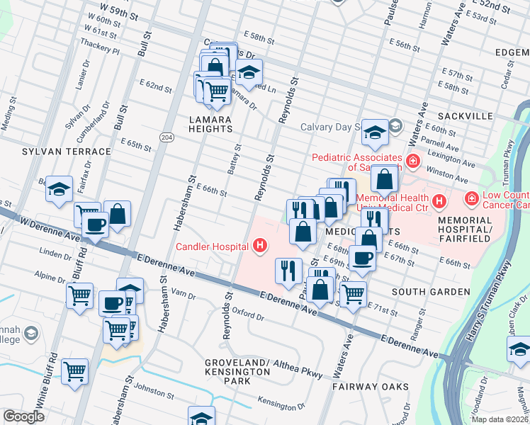 map of restaurants, bars, coffee shops, grocery stores, and more near 318 East 66th Street in Savannah