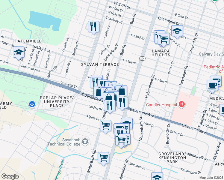 map of restaurants, bars, coffee shops, grocery stores, and more near 5300 Bull Street in Savannah
