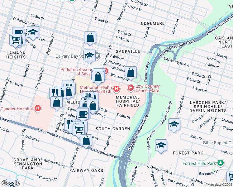map of restaurants, bars, coffee shops, grocery stores, and more near 4700 Waters Avenue in Savannah