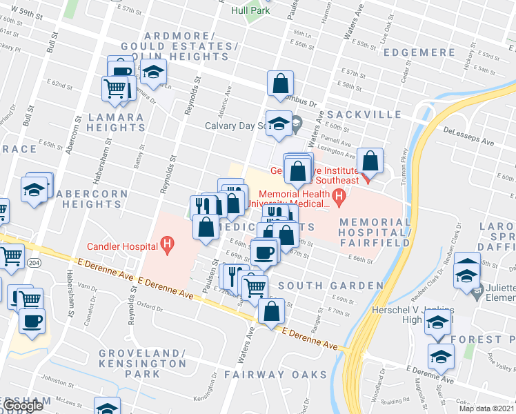 map of restaurants, bars, coffee shops, grocery stores, and more near 836 East 65th Street in Savannah