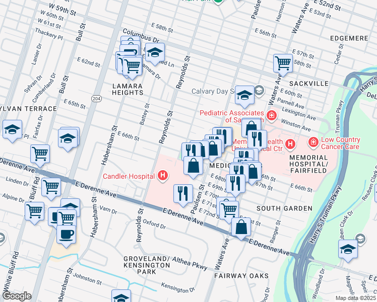 map of restaurants, bars, coffee shops, grocery stores, and more near 507 East 65th Street in Savannah