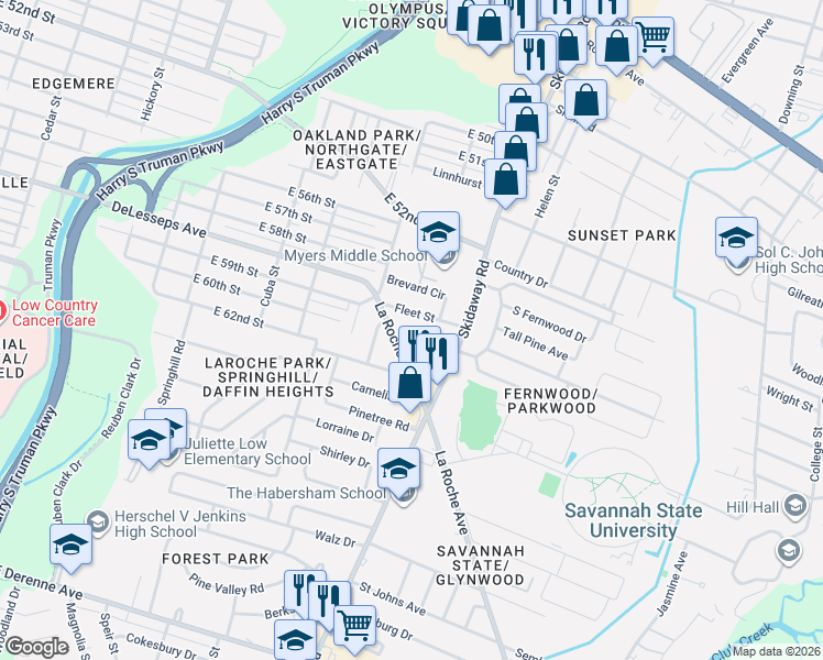 map of restaurants, bars, coffee shops, grocery stores, and more near 2334 Fleet Street in Savannah