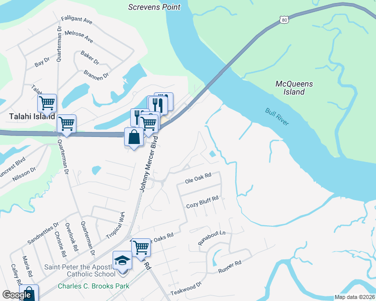 map of restaurants, bars, coffee shops, grocery stores, and more near 54 Bull River Bluff Drive in Savannah