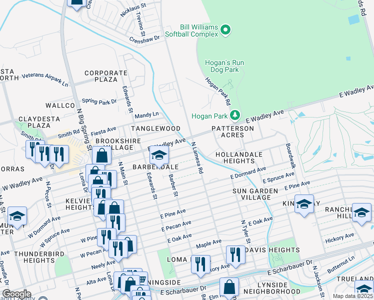 map of restaurants, bars, coffee shops, grocery stores, and more near 3200-3298 North Lamesa Road in Midland