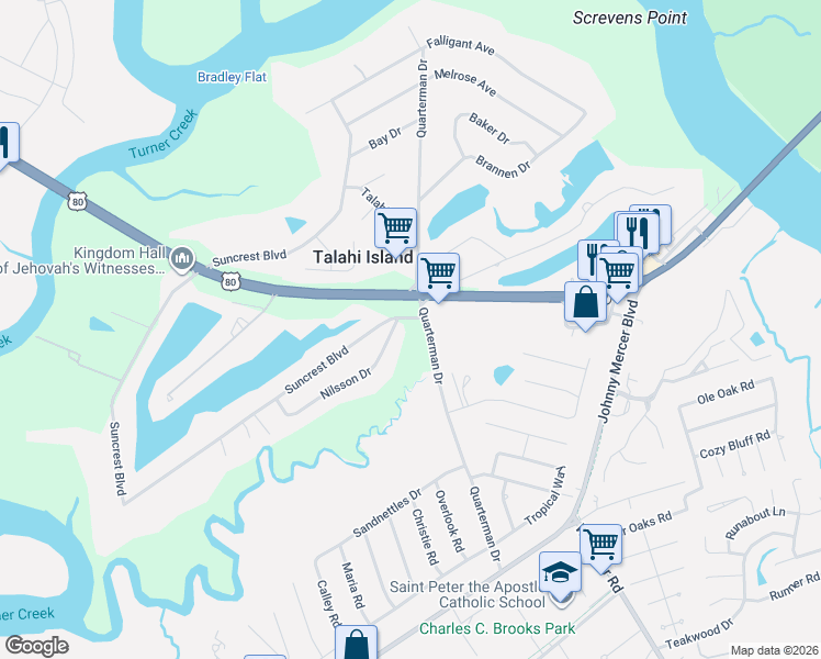 map of restaurants, bars, coffee shops, grocery stores, and more near 8 Suncrest Boulevard in Savannah