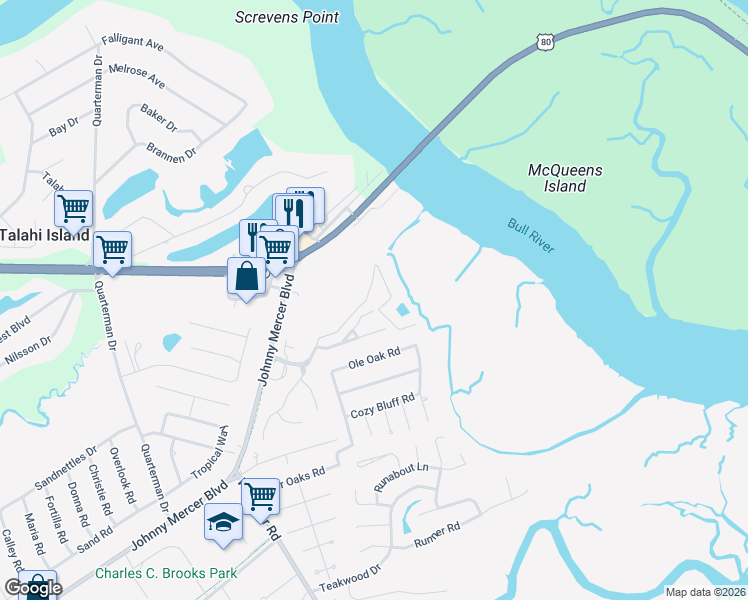 map of restaurants, bars, coffee shops, grocery stores, and more near 54 Bull River Bluff Drive in Savannah