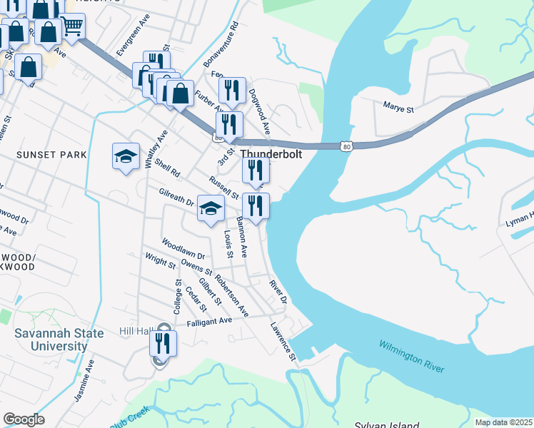 map of restaurants, bars, coffee shops, grocery stores, and more near 2812 River Drive in Savannah