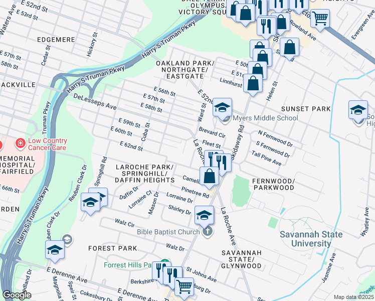 map of restaurants, bars, coffee shops, grocery stores, and more near 4407 Caroline Drive in Savannah