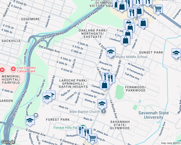 map of restaurants, bars, coffee shops, grocery stores, and more near 4407 Caroline Drive in Savannah