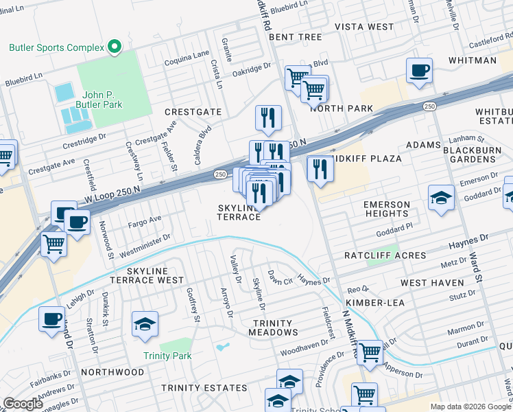 map of restaurants, bars, coffee shops, grocery stores, and more near 4511 North Midkiff Road in Midland