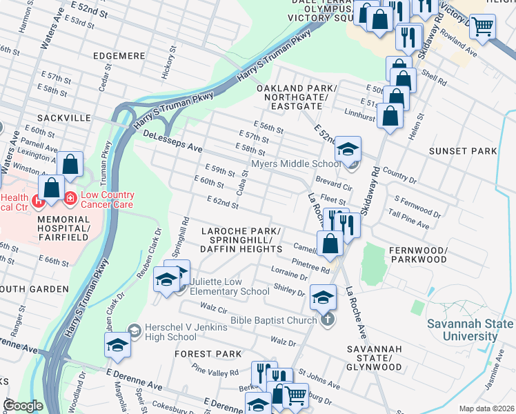 map of restaurants, bars, coffee shops, grocery stores, and more near 2105 East 60th Street in Savannah
