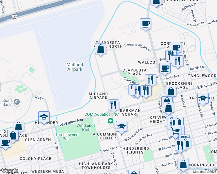 map of restaurants, bars, coffee shops, grocery stores, and more near 3500 North A Street in Midland