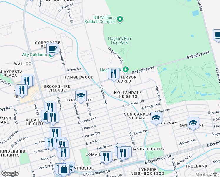 map of restaurants, bars, coffee shops, grocery stores, and more near 3203 Sage Street in Midland