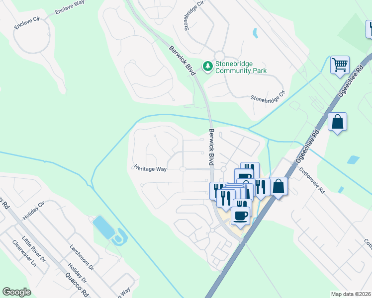 map of restaurants, bars, coffee shops, grocery stores, and more near 143 Heritage Way in Savannah