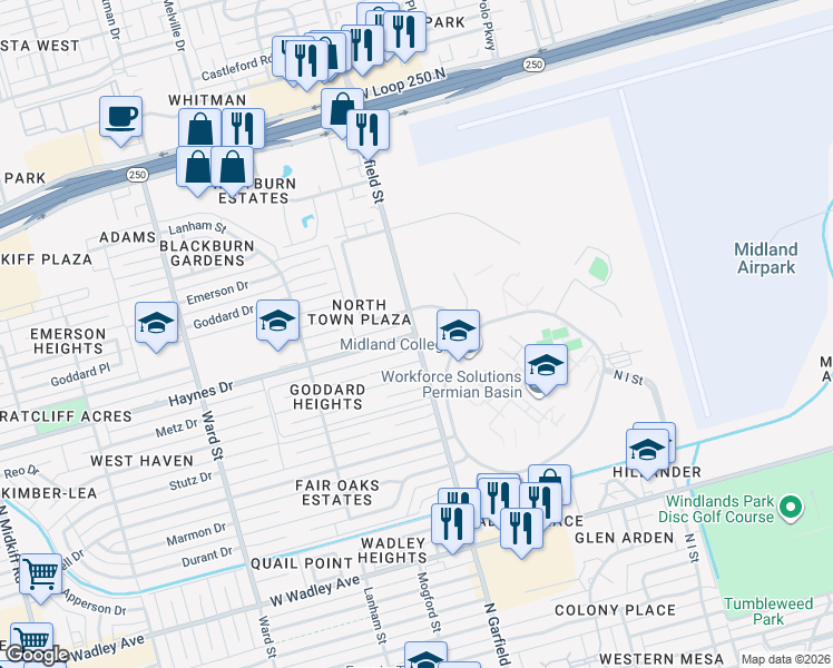 map of restaurants, bars, coffee shops, grocery stores, and more near 3600 North Garfield Street in Midland