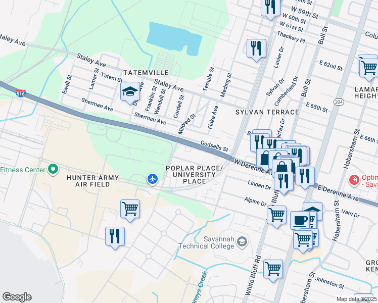 map of restaurants, bars, coffee shops, grocery stores, and more near 440 De Renne Avenue in Savannah
