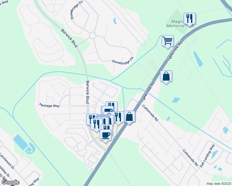 map of restaurants, bars, coffee shops, grocery stores, and more near 58 Travertine Circle in Savannah
