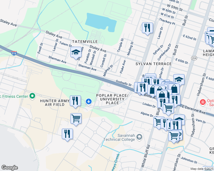 map of restaurants, bars, coffee shops, grocery stores, and more near 440 De Renne Avenue in Savannah