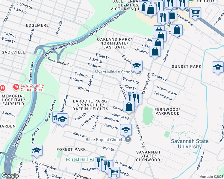map of restaurants, bars, coffee shops, grocery stores, and more near 4407 Caroline Drive in Savannah