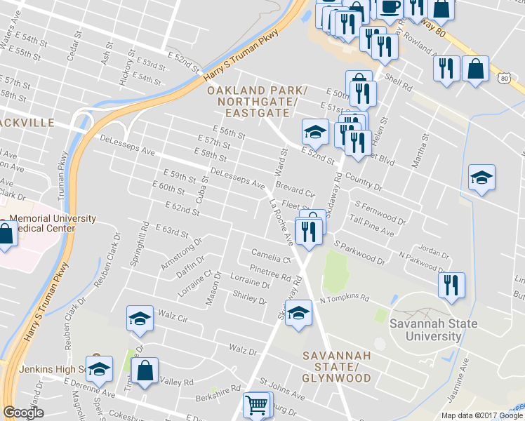 map of restaurants, bars, coffee shops, grocery stores, and more near 4407 Caroline Drive in Savannah