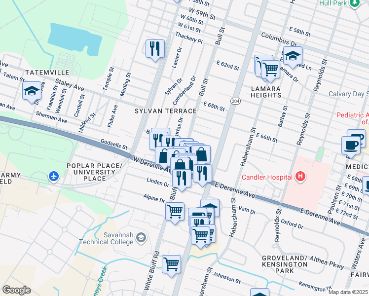 map of restaurants, bars, coffee shops, grocery stores, and more near 7 Berkley Place in Savannah